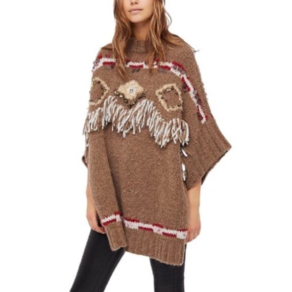 Free People Brown Fringe Oversized Poncho Sweater XS - Picture 1 of 16